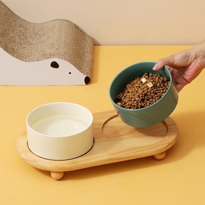 Havniva Raised Cat Bowl 5.1” Elevated Ceramic Cat Food and Water Bowl Set | Cat Bowls Elevated, Whisker Friendly Cat Bowl, Non-Slip Wood Stand, Food-Grade Ceramic, Wide Opening, Dishwasher Safe