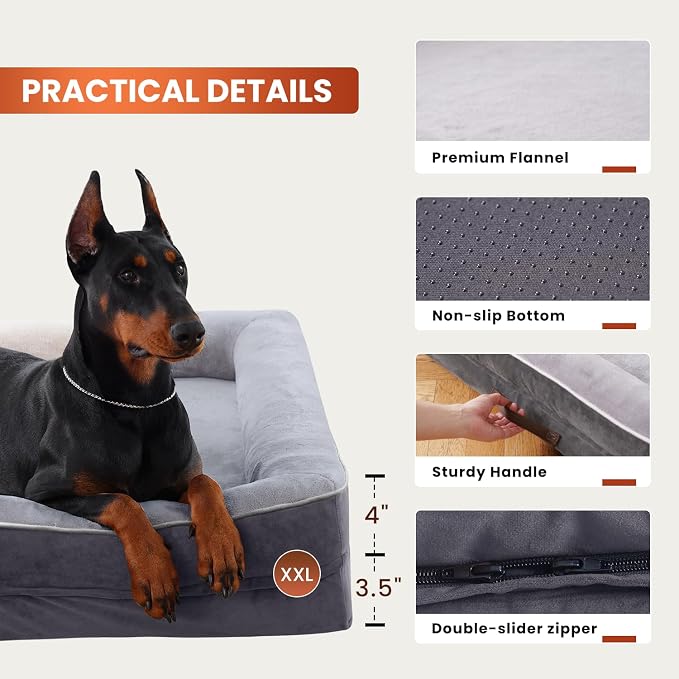 Upvilla Orthopedic Dog Bed XXL, Four-Sided Dog Sofa, Washable Cover, Gray | Removable Waterproof Dog Bed Cover, Egg-Crate Orthopedic Foam, Built-In Carry Handle, Indoor Large Pet Beds, Cat Beds