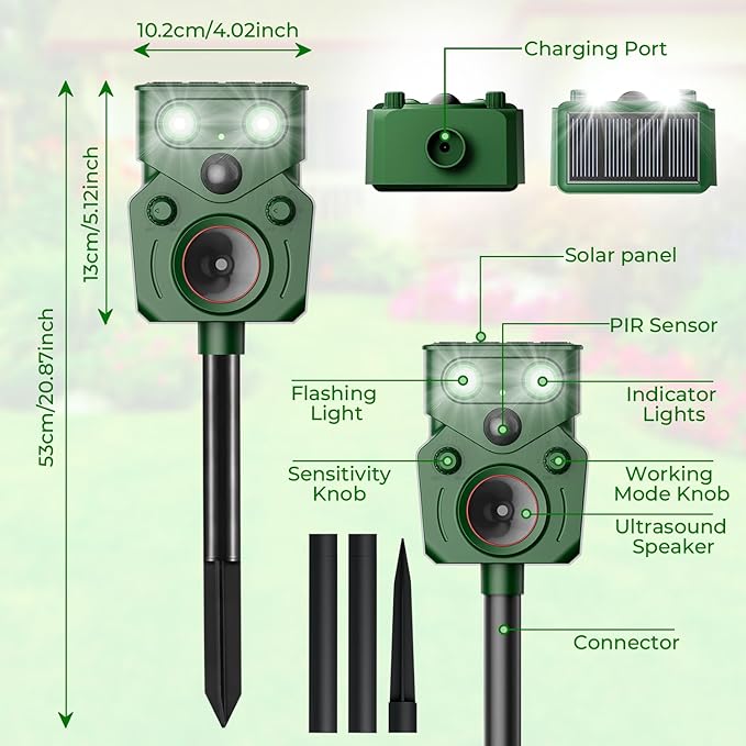 Solar Ultrasonic Animal Repellent Outdoor – Motion Activated, IP65 Waterproof, Designed to Discourage Unwanted Animals in Yard – Deer, Coyote, Cats, Squirrel, Raccoon with LED Flashing Lights