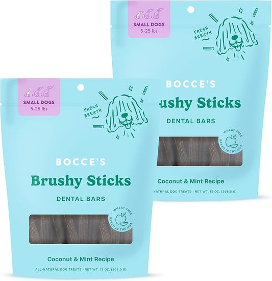 Bocce's Bakery Dental Brushy Sticks for Small Dogs – Natural, Wheat-Free Dental Bars to Support Oral Health & Fresh Breath, Made with Real Ingredients – Coconut & Mint Recipe (2 Pack Bundle)
