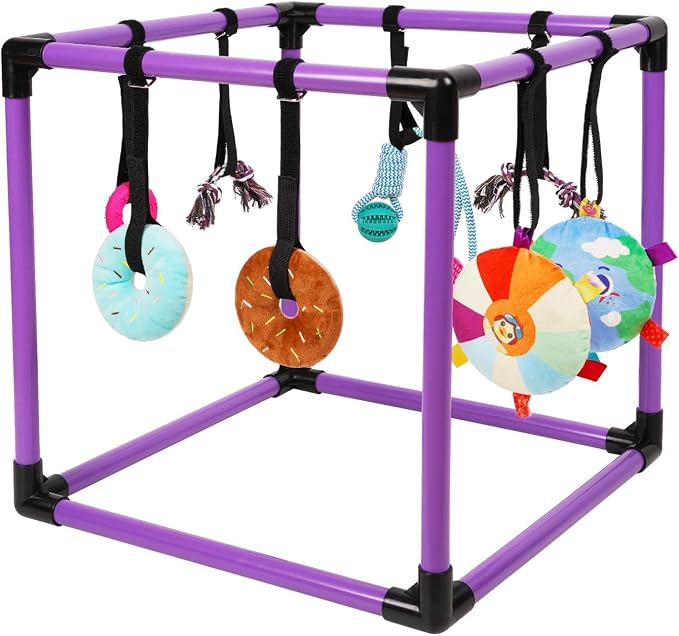 Liitrton Puppy Play Gym for Small Dogs with 8 Hanging Toys, Purple | 19.5"x19.5"x19.5" PVC Frame, Indoor Puppy Jungle Gym with Interactive Puppies Toys