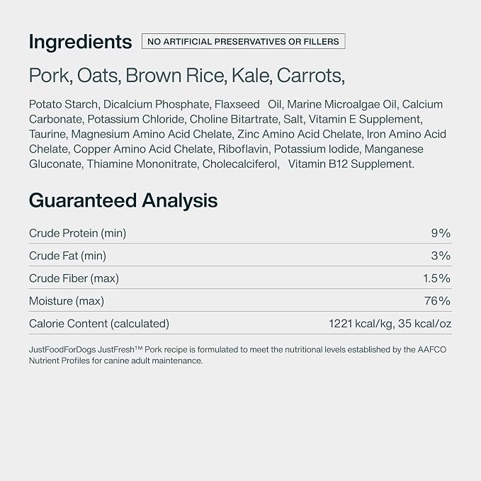 JustFoodForDogs JustFresh Wet Dog Food, Fresh Pet Meals and Toppers with No Preservatives, Resealable Package, Human Grade, Home-Cooked Pork, 12 oz - 7 Pack
