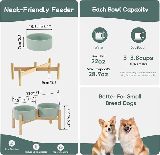 Havniva Elevated Dog Bowls Ceramic Dog Bowls with Stand, Dog Food Bowl | 6.1” Raised Dog Bowls with Non-Slip Wood Stand, Dog Food and Water Bowl Set, Double Dog Feeding Bowls for Small & Medium Dogs