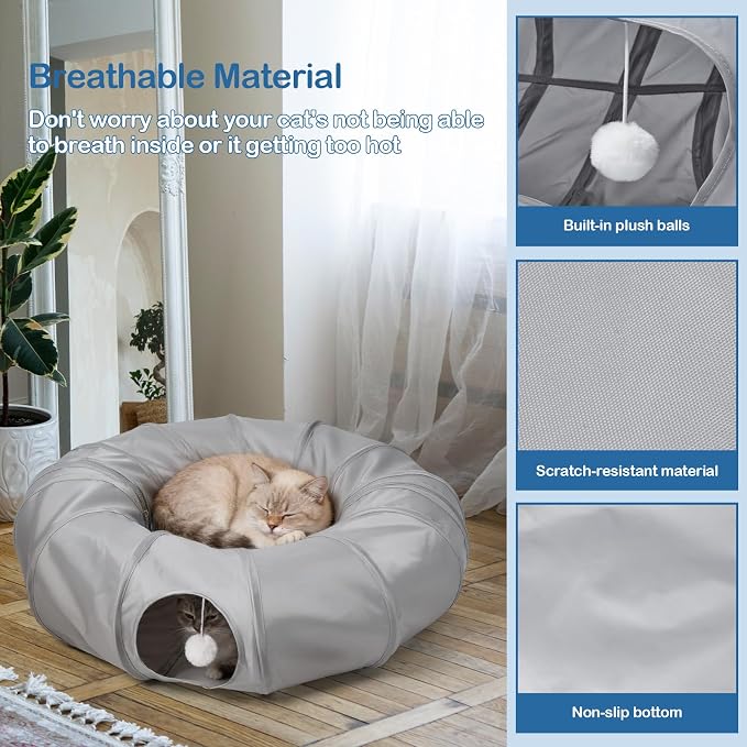 Cat Tunnel Bed with 2Pcs Interactive Toys, 3-in-1 DIY Collapsible Plush Cat Tube with Washable Mat, Large Indoor Play Tunnel Cave for Kittens and Small Animals