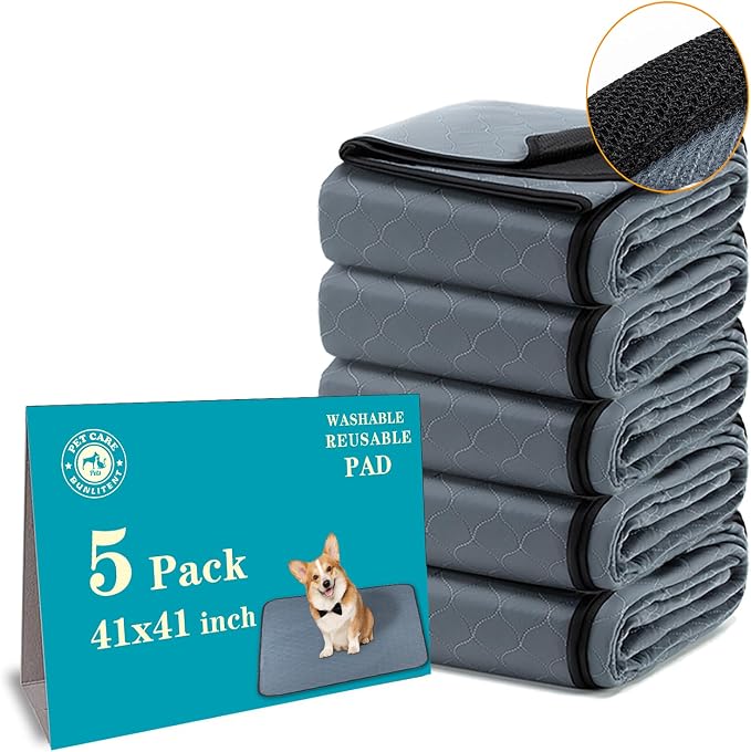 Bunlitent Washable Pee Pads for Dogs 41" x 41", Non-Slip and Leak-Proof | 5 Pack,Reusable, Quick Dry, Large Anti-Slip, Waterproof, Whelping Pad for Pet, Playpen, Incontinence, Large, Grey