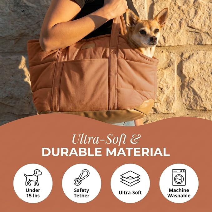 Plush Dog Purse Carrier for Small Dogs, Soft Dog Tote Bag with Safety Harness Clip, Cozy Pet Carrier for Dogs Under 15 lbs, Comfortable Dog Shoulder Carrier for Travel, Brown