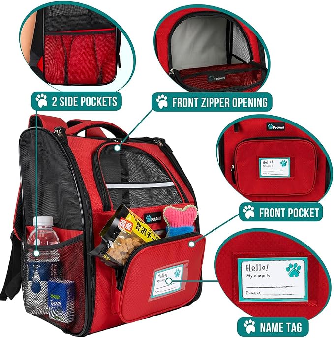 PetAmi Dog Backpack Carrier for Small Medium Dogs Large Cats up to 18 lbs, 2 Side Entry, Structured No-Collapse Frame, Airline Approved Ventilated Pet Backpack for Hiking Camping Travel Vet, Red