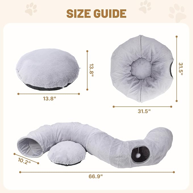 Cat Tunnel Bed for Indoor Cats, 31.5in Round Cat Tunnel for Small Cats | Cat Donut Tunnel with Washable Plush Mat, Collapsible Tunnel Hideplace for Kittens, Squirrels Grey