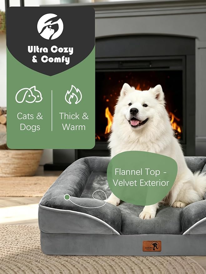 Spotted Play Orthopedic Dog Bed with Sides - Dog Sofa Beds for Large Dogs, Supportive Foam Pet Couch Bed with Washable Removable Cover, Waterproof Lining and Non-Slip Bottom, Grey - L-Plus