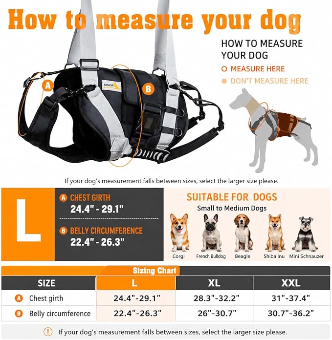 Dog Lift Harness for Large Dogs,Full Body Dog Sling Carrier, Black, Large | Help Support Big, Elderly Pet with Arthritis, Front/Rear Legs Assistance with Handle, for Lifting Injured Dogs Up Stairs