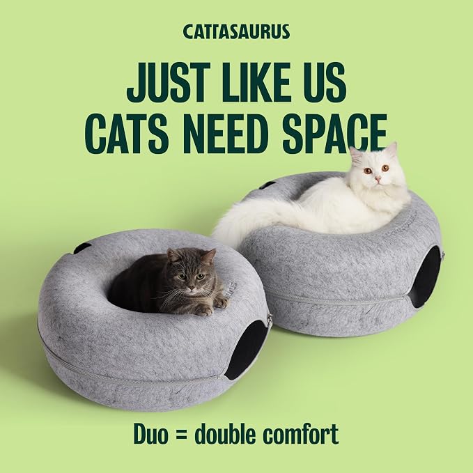 Peekaboo Cat Cave Donut for Multiple & Large Cats up to 30-45 lbs, 3-in-1 Self Warming Cat Bed, Tunnel & Scratcher for Indoor Cats, Washable & Detachable (Light Gray + Light Gray, Large)