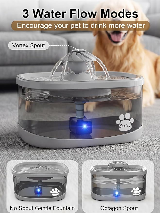 Kastty 9.5L/2.5Gal Dog Water Fountain for Large Dogs with 3 Flow Modes | Large Capacity Pet Water Fountain , Automatic Quite Dog Water Bowl Dispenser with Water Window & LED,Easy to Clean(FS82,Grey)