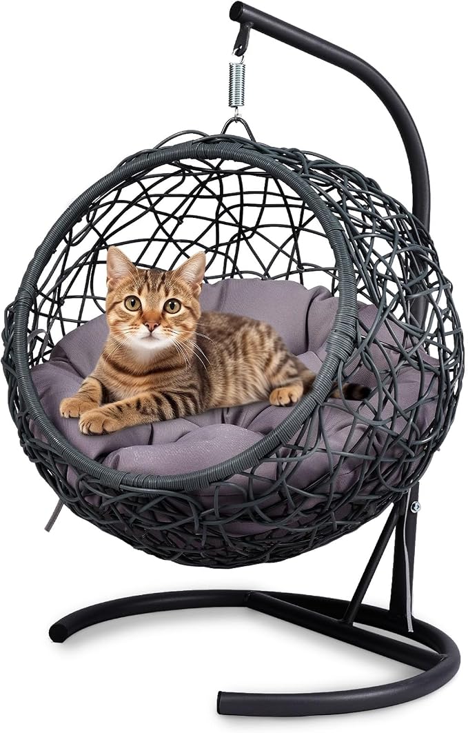 Anwick Cat Swing Bed with Stand & Cushion Indoor Outdoor, Egg Chair(Gray) | with Rattan Wicker Appearance, Indoor Hanging Swinging Hammocks for Cat, Dogs, and Small Animals Bedroom Porch