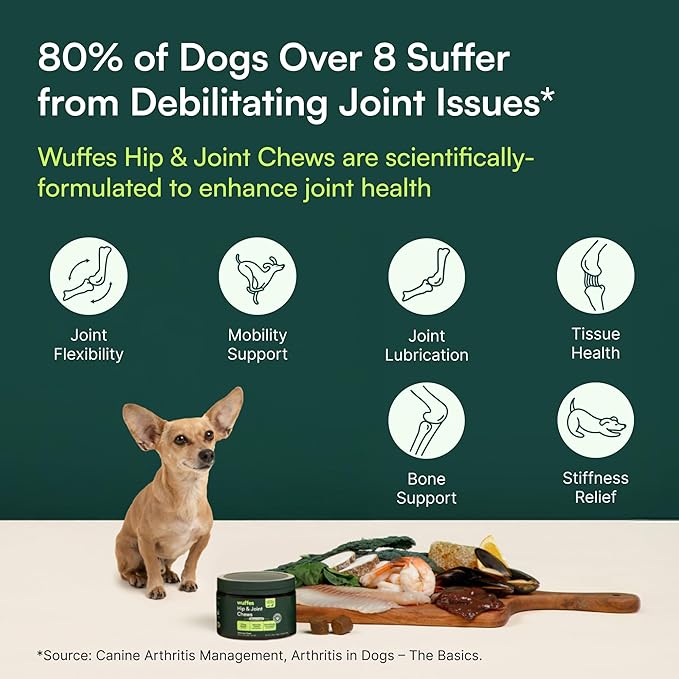 Wuffes Advanced Dog Hip and Joint Supplement with Glucosamine, Chondroitin, Omega 3, MSM, and Green Lipped Mussel, 60 Pork Flavored Chews for Small and Medium Dog Breeds