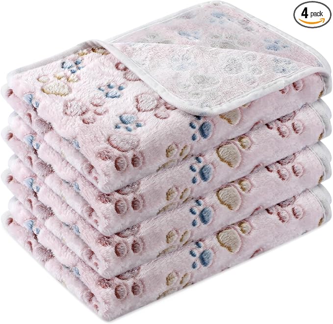 Tatuo 4 Pack Fleece Dog Blankets for Puppy Cats Multi-Size Sleep Mat for Pet Guinea Pig Soft Washable Warm Crate Bed Puppy Teething Toys Print Pattern Blanket Indoor(Beige,24 x 16 Inch,Paw)