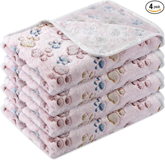 Tatuo 4 Pack Fleece Dog Blankets for Puppy Cats Multi-Size Sleep Mat for Pet Guinea Pig Soft Washable Warm Crate Bed Puppy Teething Toys Print Pattern Blanket Indoor(Beige,24 x 16 Inch,Paw)