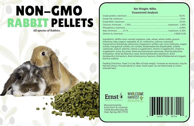 Non-GMO Rabbit Pellets - 40 lbs, 18% Protein, 1.1% Calcium, Rabbit Food Pellets with Alfalfa Hay, Supports Digestion, Promotes Strong Bones, Ideal for Growing & Mature Rabbits