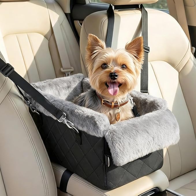 Center Console Dog Car Seat for Small Dogs&Cats Under 12 LBS | Puppy Car Seats with Non-Slip&Strong Support, Anti-Collapse Portable Pet Bed for Puppies with Soft Cushion Safety Belt, Black