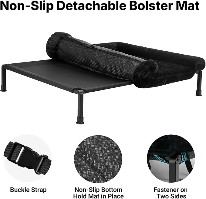 Veehoo Elevated Dog Bed with Fluffy Plush Bolster Cushion, Dog Couch Bed | Cooling Raised Dog Bed for Large Dogs, Washable Orthopedic Pet Cot with Removable Mat, Breathable Mesh, Non-Slip, 45", Black