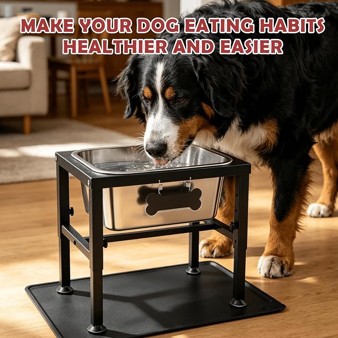 2.8 Gallon Elevated Large Dog Water Bowl with Spill-Proof Mat, 4-Height Adjustable (9.4–14.2'') Raised Dog Water Bowl Stand with Stainless Steel Bowls for Indoor/Outdoor Use