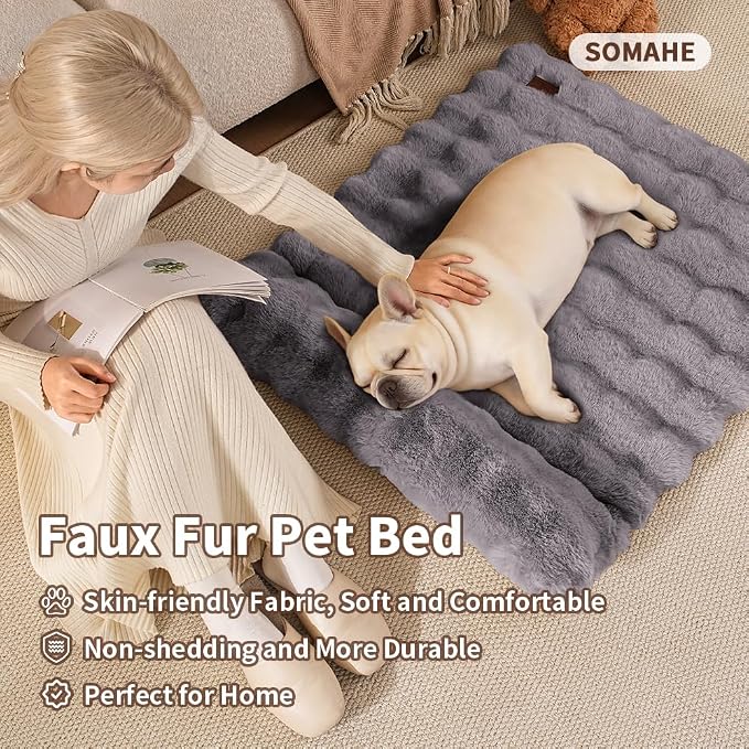 SOMAHE Cat Bed and Small Dog Bed Mat, Raised Pillow, 27 x 20 Inch, Gray | Self-Warming Fuzzy Faux Fur Surface, Soft Plush Pet Sleeping Pad for Indoor Cats, Machine Washable, Non-Slip Bottom