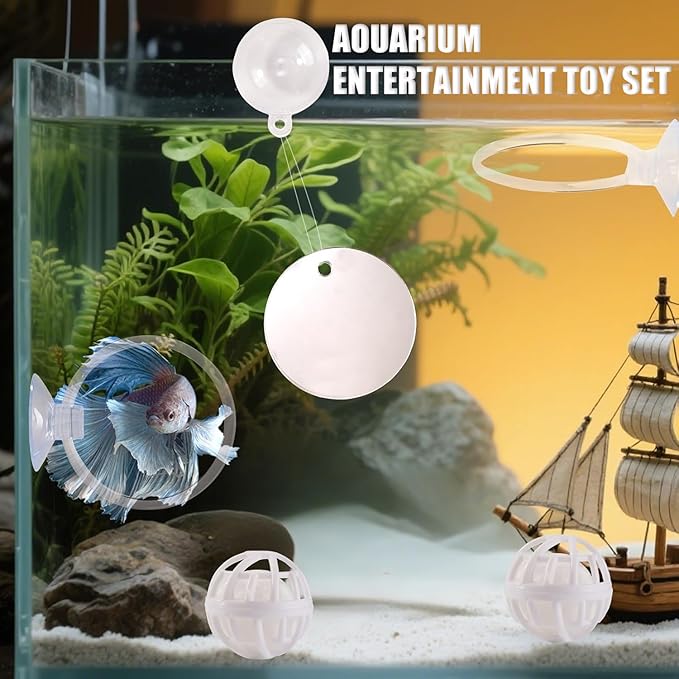 Beta Fish Aquariums Accessories, Betta Ring Enrichment Toys, 1 Fish Mirror with Floating Ball & 2 Exercise Training Ring Toys & 4 Nitrifying Balls for Fish Tank, Betta Tank, Betta Aquarium