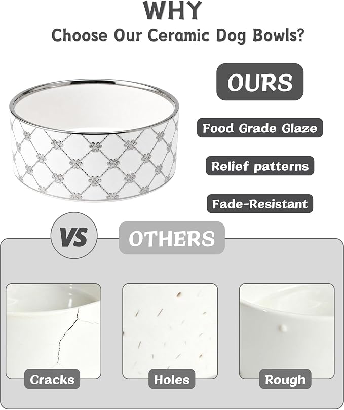TRUVIC Ceramic Dog Bowl Set of 2 with Wood Stand, Silver Claw Pattern Dog Food and Water Bowl Set, 3.5 Cup/28 oz Puppy Food Bowls for Medium Dogs, Dishwasher Safe