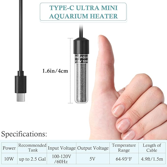 FEDOUR Mini Type-C Aquarium Heater, Small Adjustable Heater with External Controller for up to 2.5Gallon Small Fish Tank, Nano Fish Tank Heater, Betta Heater for Fish Bowls