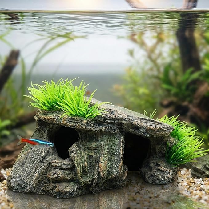 Aquarium Cave & Betta Hideout - Natural Resin Fish Tank Decorations, Small Turtle Basking Platform, Hand-Polished Smooth Edges, PH Neutral Stone Decor for Shrimp, Cichlid, and Reptiles (Small)