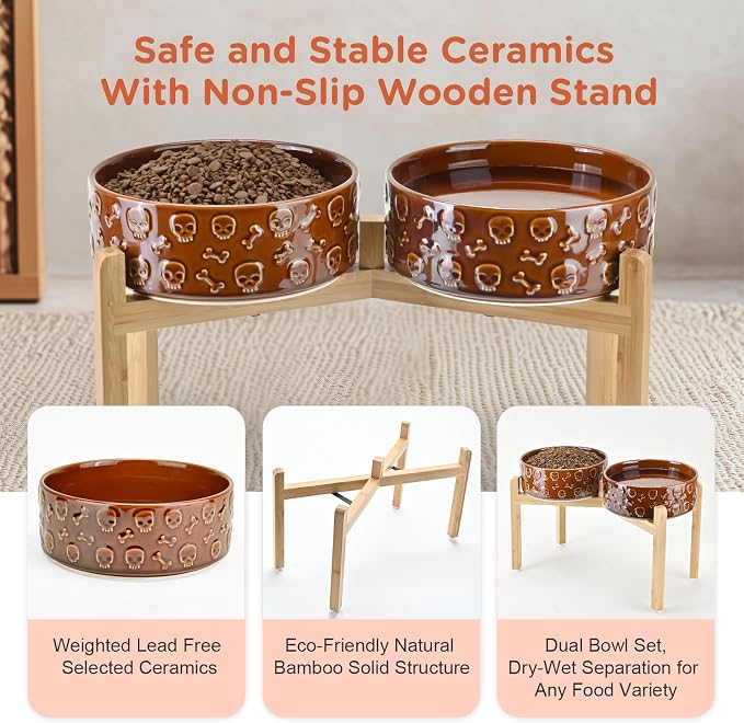 SPUNKYJUNKY Elevated Dog Bowls Ceramic, 8.3'' Dogs Food Water Bowls Raised with Non-Slip Bamboo Stand for Large Sized Breed Microwave Dishwasher Safe - 60 OZ,Skull Bronze