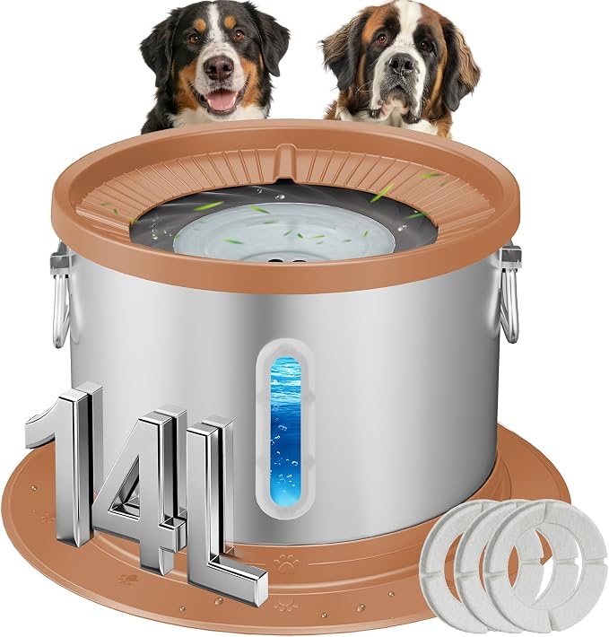 UPSKY 14L No Spill Dog Water Bowl, Spill Proof Slow Drinking for Large Dogs | Extra-large Capacity, 304 Stainless Steel, Dual-suction Anti-slip Base, Floating Disk, Water Window, For Messy Drinkers, Pink