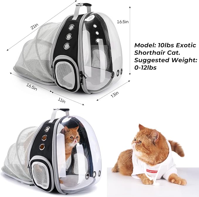 Cat Carrier Backpack, Expandable Bubble Pet Carrier for Cats and Small Dogs, Airline Approved Travel Backpack for Hiking, Walking & Outdoor Adventures - Supports up to 14 lbs