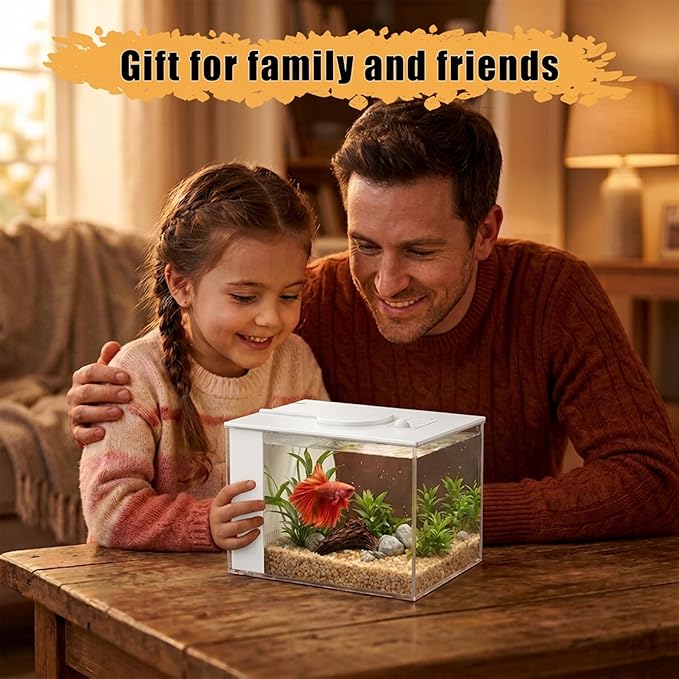 Vehipa 3.7L (1 Gal) Betta Fish Aquarium, Acrylic Small Fish Tank Kit with Water Filter Pump & LED Light, Ideal for Small Fish, Plants and Shrimp, White