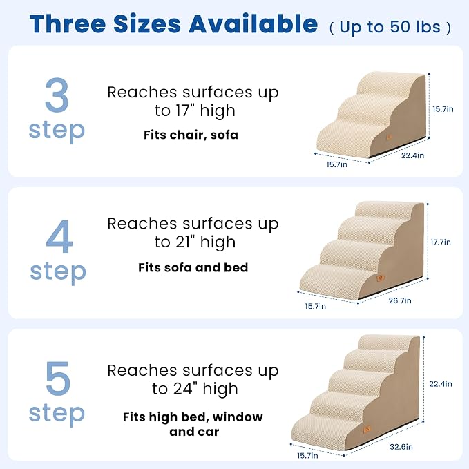 5 Step Dog Stairs for High Bed,Non-Slip Pet Ramp for Small Dogs and Cats | High-Density Foam Support with a Stable 5-Step Design for Easy, Comfortable Access to High Beds with Washable Cover,Khaki