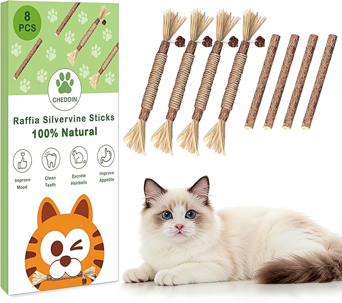 [8 Pack] Silvervine Sticks for Cats, Natural Chew Stick for Dental Care Teeth Cleaning, Cat nip Chew Rope Toys for Bored Indoor Kittens, Catmint Silvervine Blend Toys