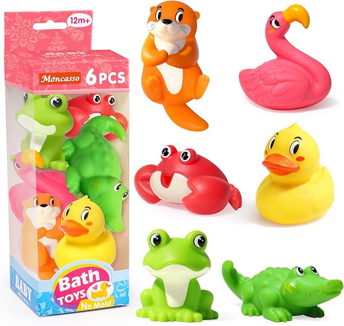 Mold Free Bath Toys for Kids Ages 1-3,6Pcs No Hole River Baby Bath Toys Design Keeps Moisture Out, Toddler Learn Crab Ducks Animal with Soft Squeeze Bathtub Toys,Pool Toy