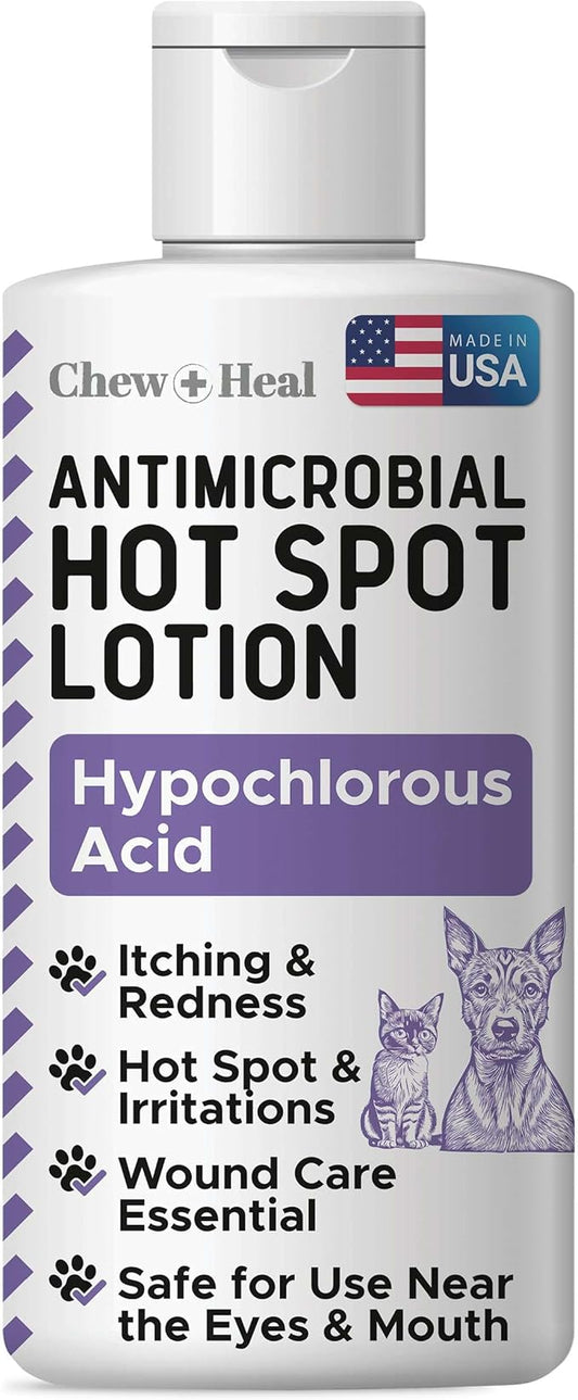 Chew + Heal Labs Hypochlorous Acid Lotion for Dogs – 2oz Dog Wound Spray for Cuts, Burns, Sores, Abrasions, and More – Non Toxic and Chemical Free Hot Spot Lotion – Made in the USA