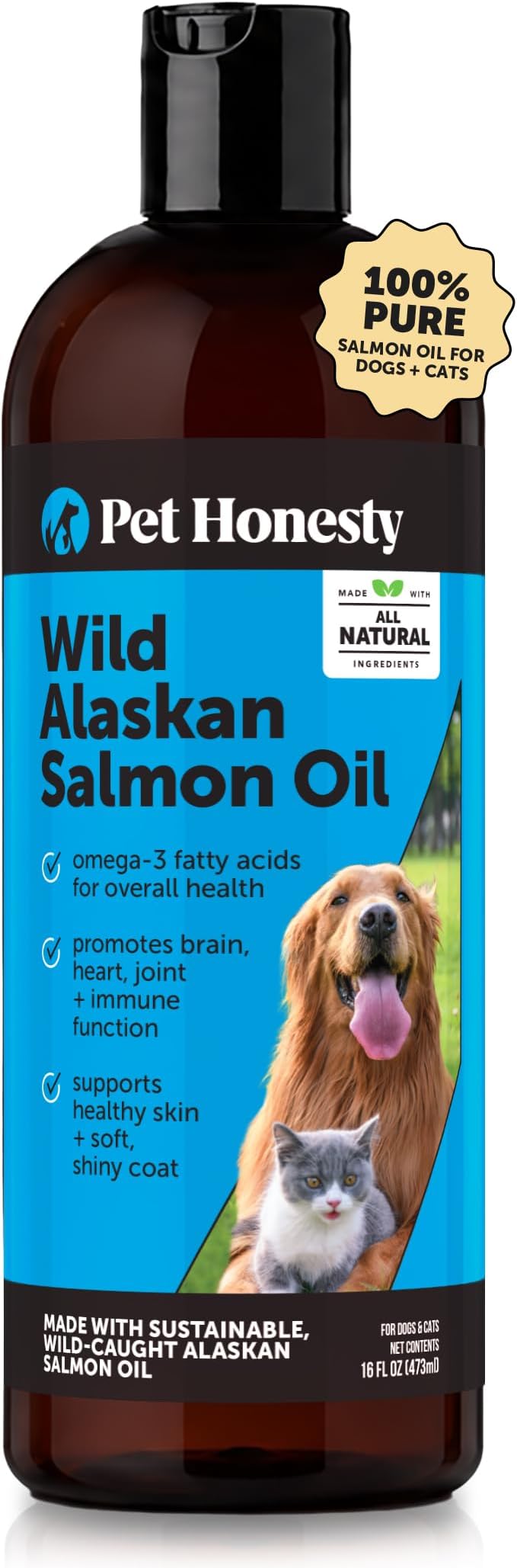 Wild Alaskan Salmon Oil for Dogs & Cats - Omega-3 Fish Oil with EPA + DHA Omega Fatty Acids, Sockeye Salmon, Skin & Coat Support, Pure Food Topper, Supports Joints, Brain & Heart Health - 16 oz