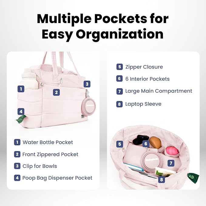Puffer Dog Travel Bag for Dog Moms, Diaper Bag with Travel Bowls | 2 BPA-Free Collapsible Bowls, 2 Pet Food Containers, 9 Pockets, Everyday Puffer Bag Works With or Without Your Dog, Soft Pink