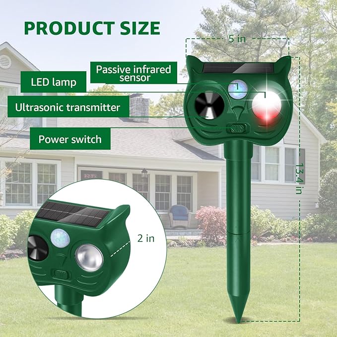 Solar Ultrasonic Animal Repellent Outdoor Motion Sensor Deer Repellent Devices Squirrel Cat Raccoon Rabbit Deterrent with Strobe Light Dual Mode, Keep Skunk Away Protection for Yard Garden Lawn 2PCS