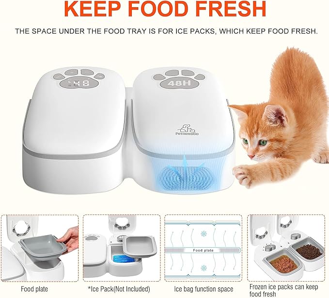 Automatic Pet Feeder for Cats and Dogs, 2 in 1 Upgraded-chip Timed Dry Pet Food Feeder with Display, 48 Hours Retain Freshness for Semi Wet Food, Healther Meal for All Home Pets.