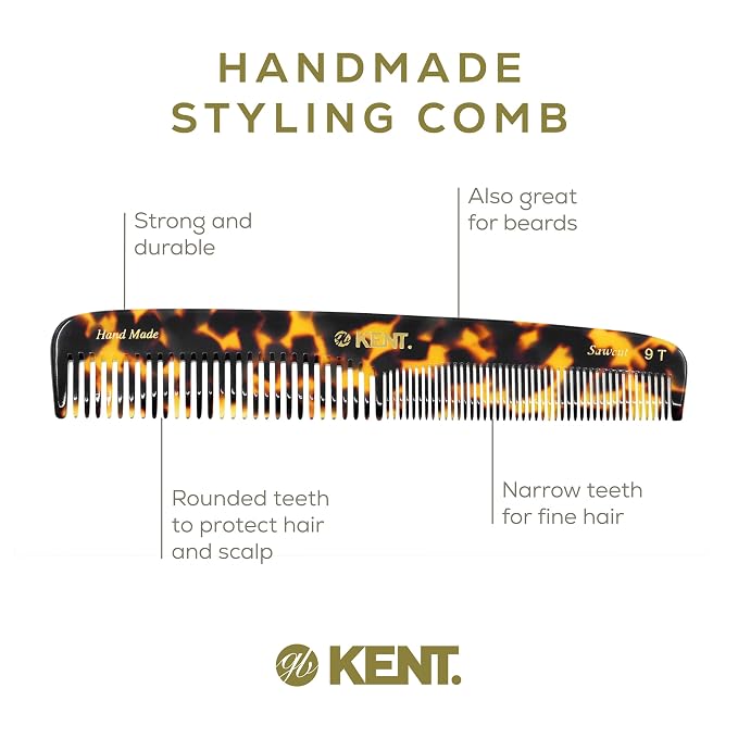 Kent 9T Fine Tooth and Wide Tooth Comb Detangler Hair Combs - Large Handmade and Saw-Cut Dressing Combs - Wet Hair Comb for Women, Durable Grooming Comb for Men, Made in England (Yellow Tokyo)