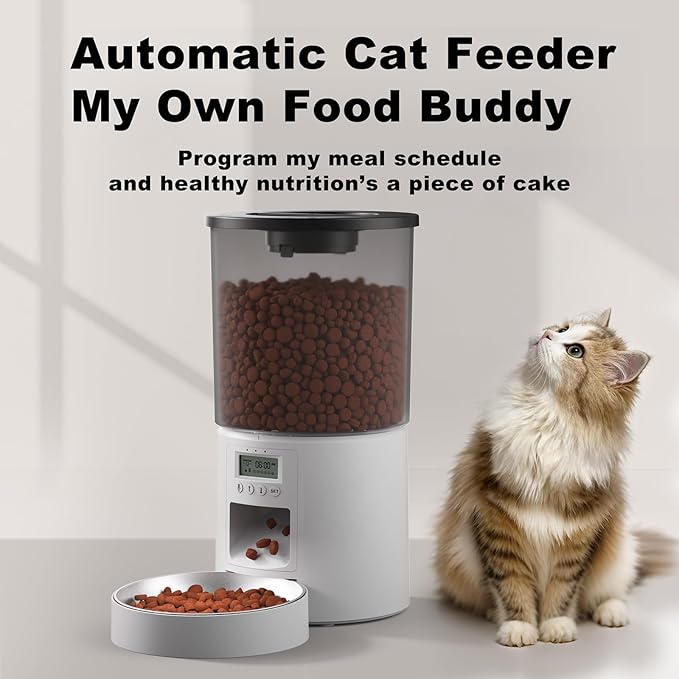 4.2L Automatic Cat Feeder,6 Meals/Day,Dual Power,Dry Pet Food Autofeeder Portion Control,Timer Setting,10S Voice Record (Transparent White, Stainless Steel Bowl)