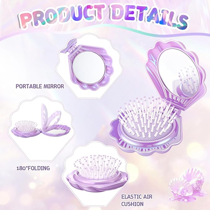 LemonRoad 24 Sets Mermaid Party Favors Shell Hair Brush with Mirror Card, Foldable Mini Travel Compact Hair Brush for Women Birthday, Bachelorette, Under The Sea, Beach Party Gifts(Purple)