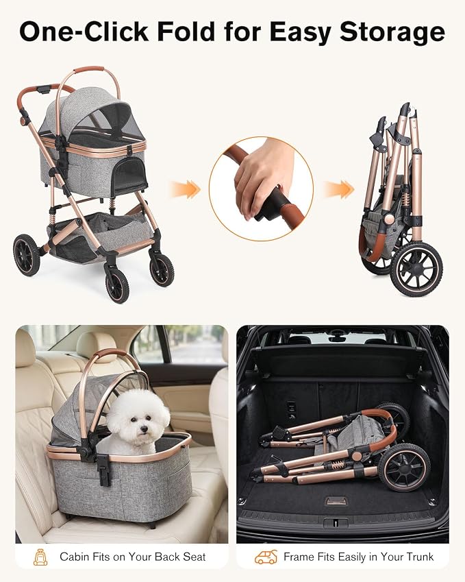 Pet Stroller with Detachable Carrier, Shock-Absorbing & Foldable | Dog & Cat Stroller for Small/Medium Pets, Convertible Car Seat, 4-Wheel Smooth Ride, Travel Carrier