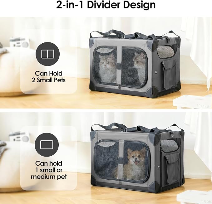 Extra Large 2-Cat Foldable Pet Travel Carrier,24"x17"x17",Gray | Removable Divider, Metal Frame Support, Breathable Mesh Panels, With Storage Tote & Padded Straps