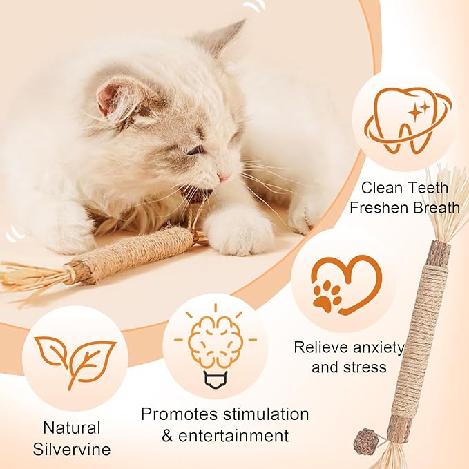 Natural Silvervine Dental Sticks, Natural Silvervine Sticks for Cats, Cleaning Dental, Scratch and Bite Resistant, Calm Cat Boring, for Indoor Kitty Interactive Kitten Chew Playthings (3Pcs)