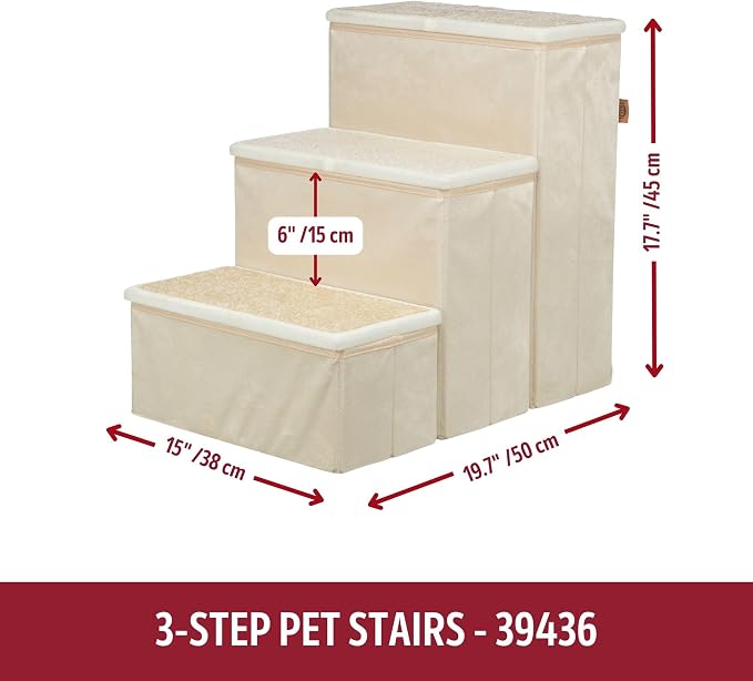 TRIXIE 3-Step Velour Pet Stairs, Beige | Collapsible, Storage Compartments for Pet Toys, Ideal for Dogs & Cats