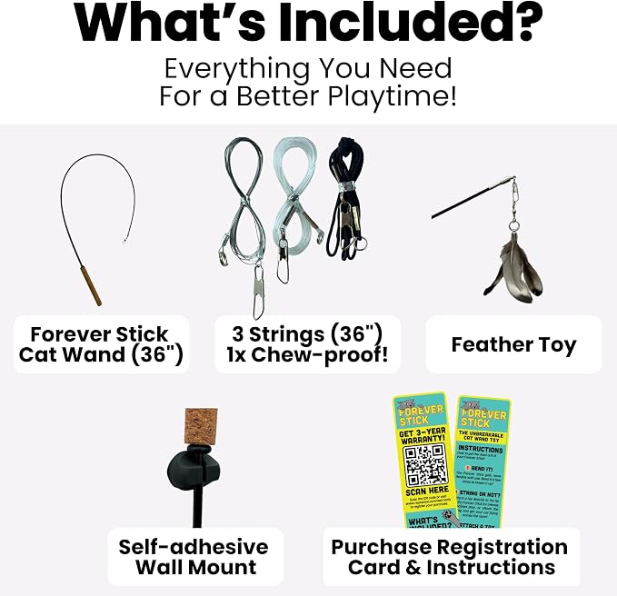 Forever Stick and 3 Strings including Chew Proof Metal Wire - The Unbreakable Cat Wand Toy, Durable Cat Toy Wand, Extra Long Cat String Toy, Cat Fishing Pole Toy for Bored Indoor Adult Cats, Stick Toy