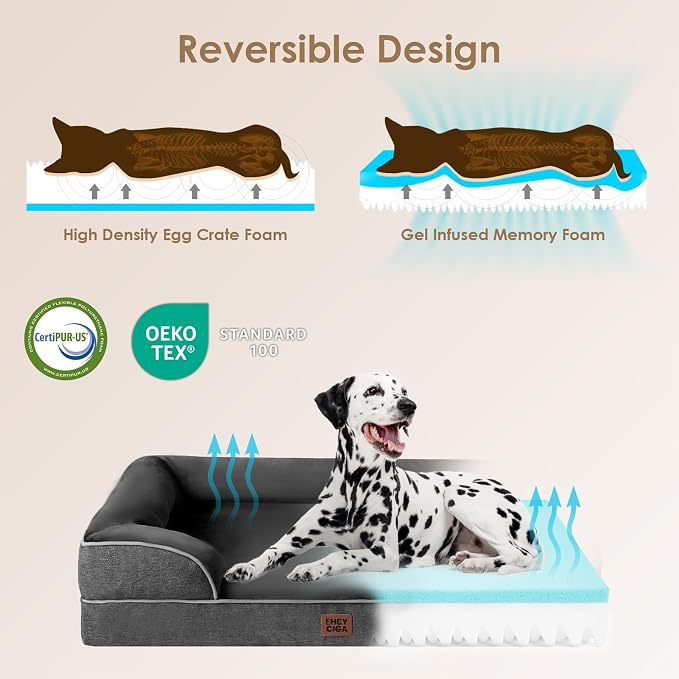 EHEYCIGA Orthopedic Dog Beds Large Sized Dog, Waterproof Washable Pet Bed | Non-Slip Bottom and Egg-Crate Memory Foam Dog Couch Bed with Washable Removable Cover, Dark Grey